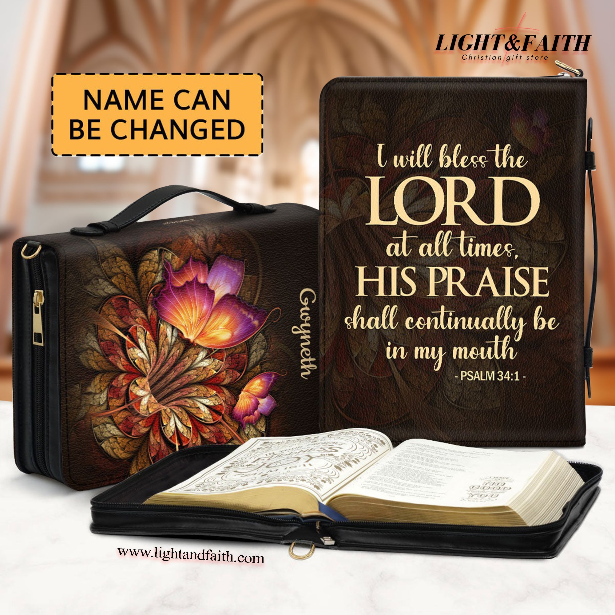 Psalm 34:1 - Flower & Butterfly , I Will Bless The Lord At All Times Leather Book Cover, Personalized Zippered Bible Cover With Handle, Christian Gift, Bible Covers Jesus Gifts